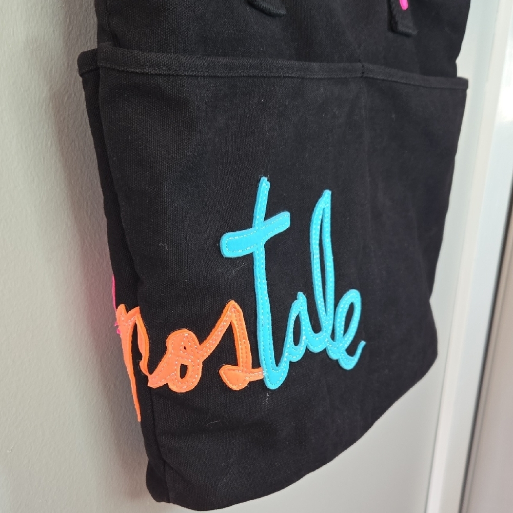 Aeropostale Y2K Black Canvas Signature Colorful Logo Pocket Handles Tote Bag - Picture 4 of 15
